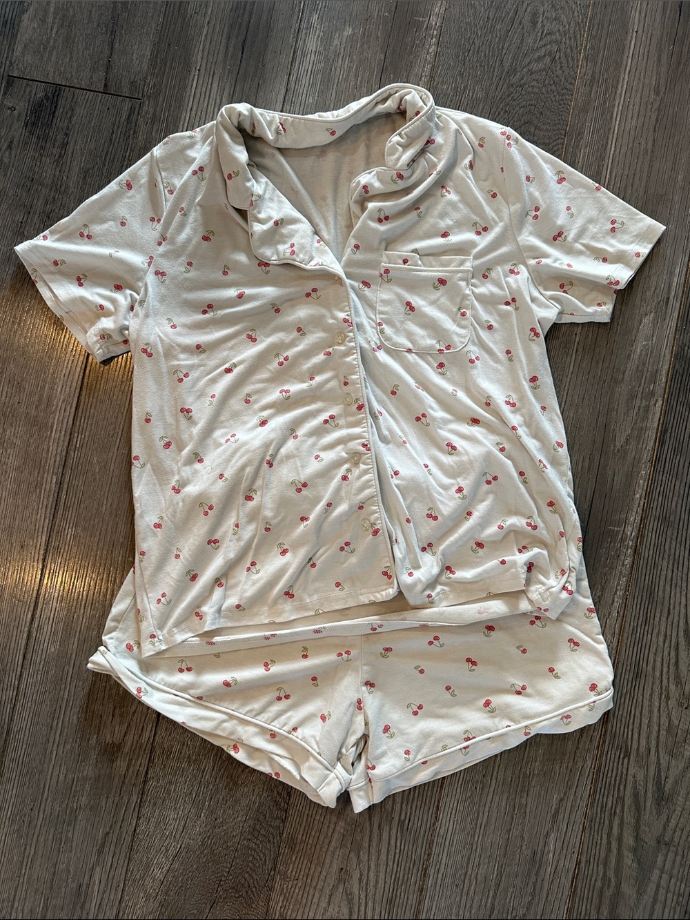 Short-Sleeve Cherry Print Pajama Set - White